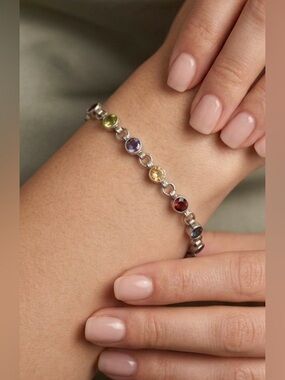 Sterling Silver Amethyst Topaz Multi Gemstone Link Tennis Bracelet 7" to 7.75"